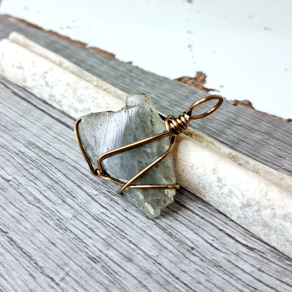 Artisan Bronze Wire-Wrapped Labradorite Crystal Pendant